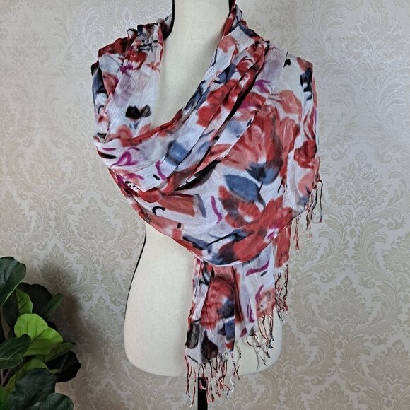 Watercolor Floral Scarf Red/White/Black Fringed Ends - Picture 1 of 5